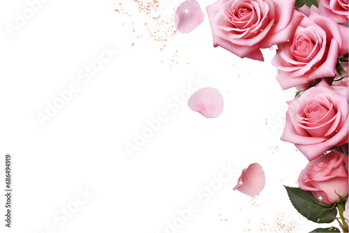 Pink rose flowers and leaves in a top border with glitter confetti. generative ai.