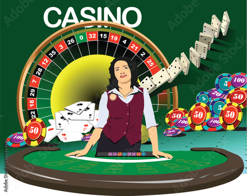 The Woman Croupier At The Casino Table. 3d vector hand drawn illustration