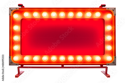 Red retro billboard lightbox or blank shining signboard with yellow glowing neon light bulbs 3D rendering. generative ai.