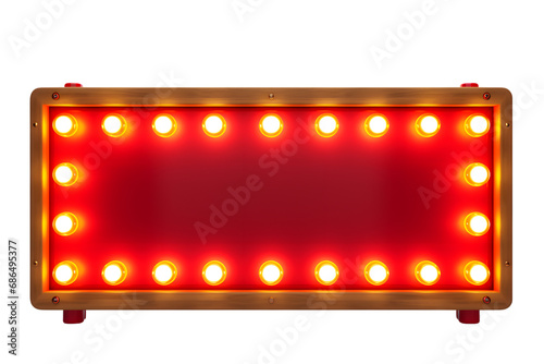 Red retro billboard lightbox or blank shining signboard with yellow glowing neon light bulbs 3D rendering. generative ai.