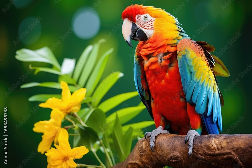 Highlight the curiosity and charm of a colorful parrot perched amidst tropical foliage Highlight the curiosity and charm of a colorful parrot perched amidst tropical foliage