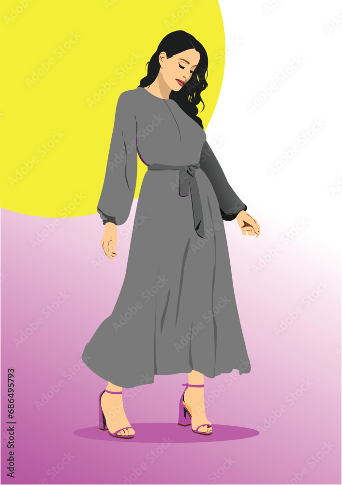 Silhouette of fashion woman in gray. Vector 3d hand drawn illustration