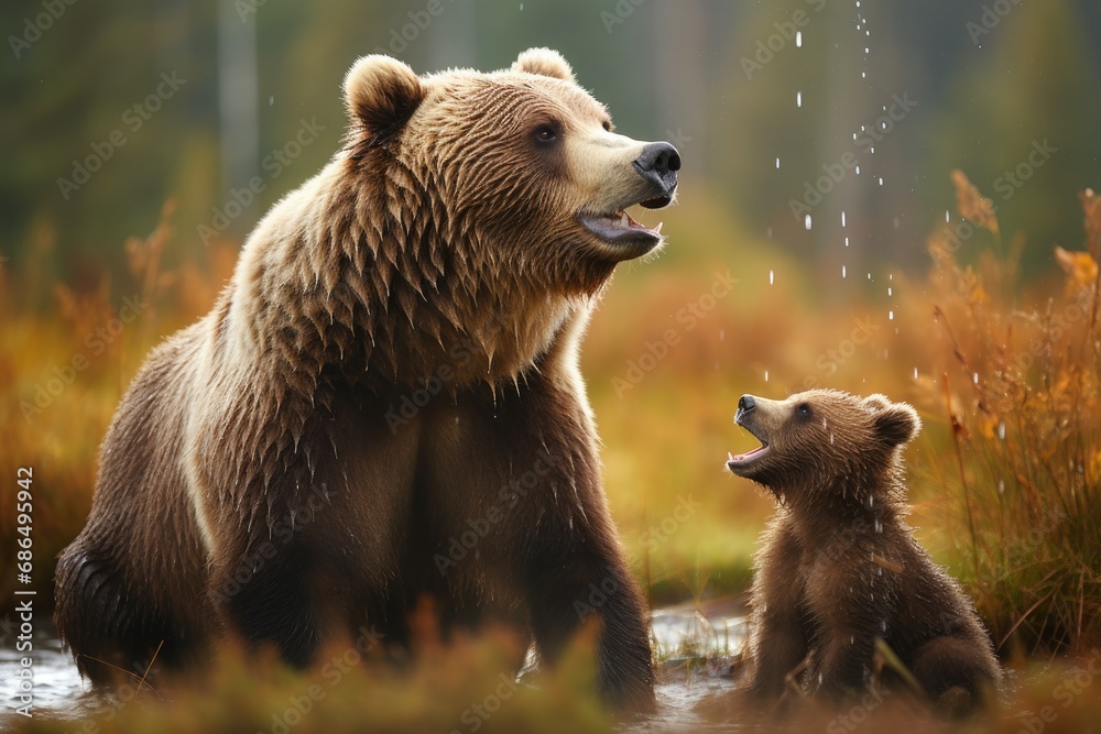 Fototapeta premium Illustrate the tenderness between a mother bear and her playful cubs