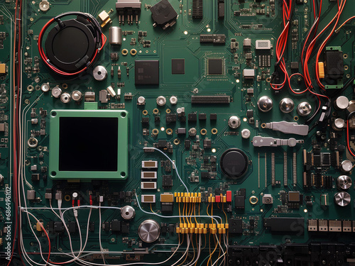 Printed circuit board futuristic server/Circuit board futuristic server code processing.  technology background with bokeh. Generation by AI