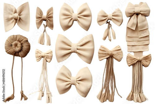 Set of beige canvas, rope and raffia bows isolated on white background. generative ai. photo