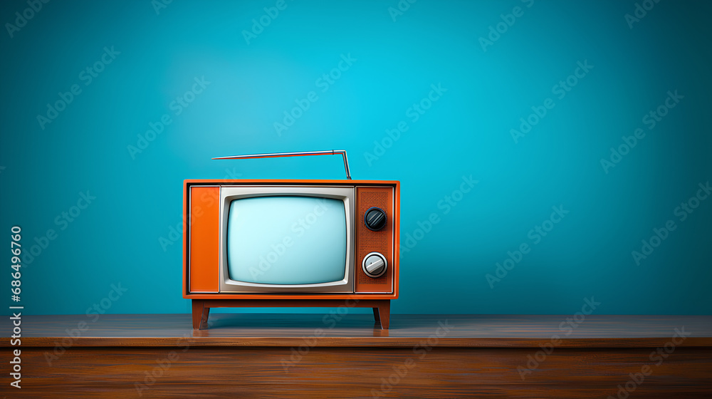 old orange vintage TV, an aquamarine blue background with copy space