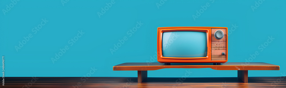 old orange vintage TV, an aquamarine blue background with copy space