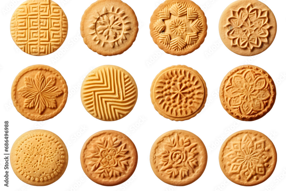 set of round biscuits isolated, sweet butter crackers, cookies with clipping path. generative ai. set of round biscuits isolated, sweet butter crackers, cookies with clipping path. generative ai.