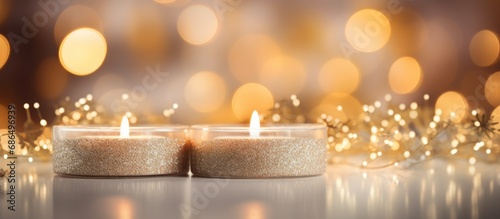 Home decor incorporating candles as part of centerpieces, trays, and Christmas decorations with both lit and unlit candle flames, creating a bokeh lighting effect.