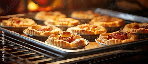 Close-up of pies baking on a homemade baking sheet.