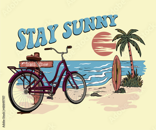 cycle on summer surfing beach vector illustration, retro vintage palm beach design for t shirt, sticker, poster, graphic print, stay sunny, summer typography artwork