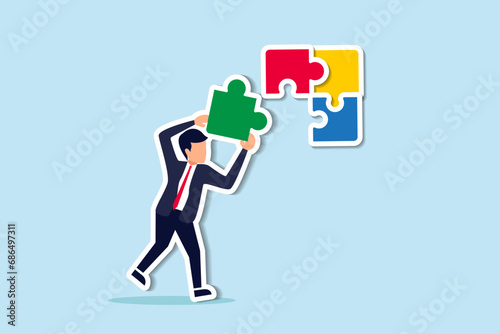 Solve problem or solution to achieve business success, decision, creativity or skill to overcome difficulty and finish work concept, smart businessman solving jigsaw puzzle problem.