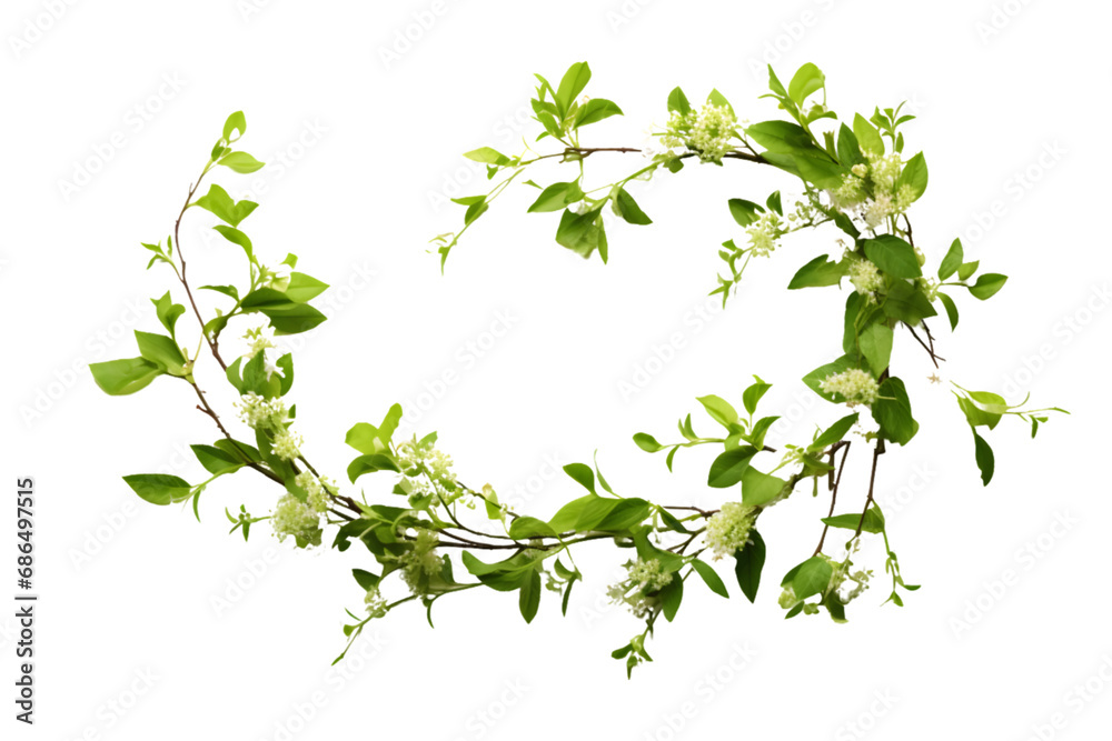 Spring twigs of spirea with small green leaves, flowers and buds in a floral arch arrangement isolated on white background. generative ai. Spring twigs of spirea with small green leaves, flowers and buds in a floral arch arrangement isolated on white background. generative ai.