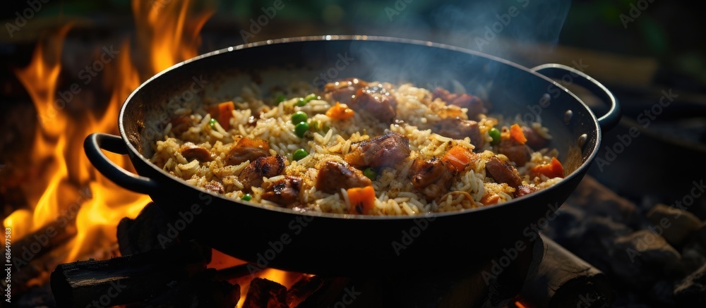Cooking pilaf on an open fire in a pot.