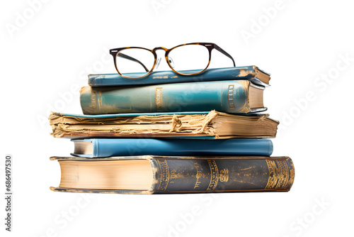 stack of old antique books with retro eyeglasses. generative ai.