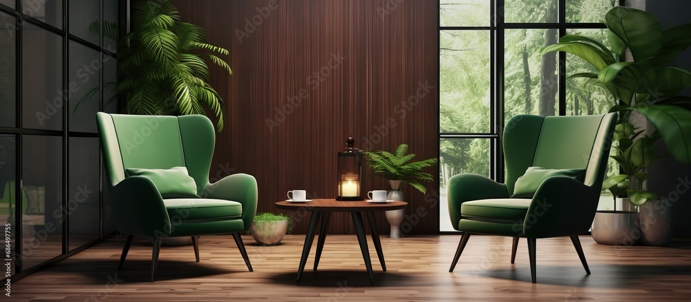 a stylish living room with green and glass walls dark wooden floor two comfortable green armchairs near round coffee table and vertical mock up poster a stylish living room with green and glass walls dark wooden floor two comfortable green armchairs near round coffee table and vertical mock up poster
