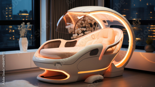 A futuristic relaxation pod in a modern home with city views, offering a serene escape. Ambient lighting and a comfortable design for ultimate relaxation.