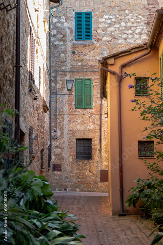 Quiet street and buildings in Pienza, Tuscany, Italy