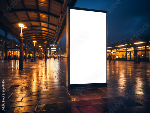 Evening view of a mockup billboard at a rainy train station. Reflective, moody. Generative AI