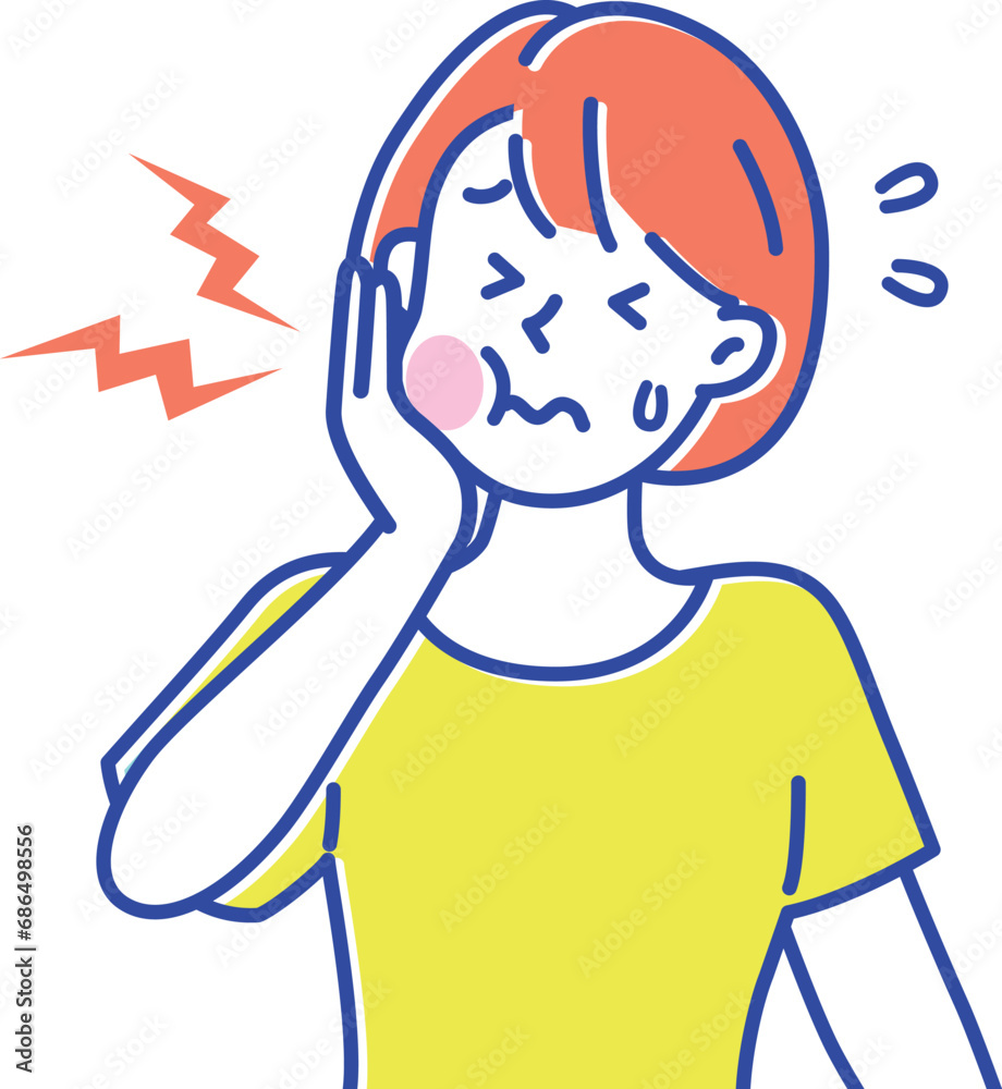 歯が痛くなって手でほっぺたを抑えている若い女性 歯が痛くなって手でほっぺたを抑えている若い女性