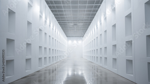 Minimalist white gallery space with geometric shelving and diffused overhead lighting. Design simplicity concept. Generative AI