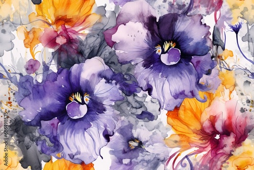 Orchids flowers seamless pattern artistic watercolor style
