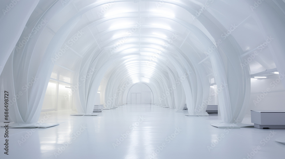 Futuristic white arches inside spacious gallery with reflective floor. Minimalism and architecture concept. Generative AI