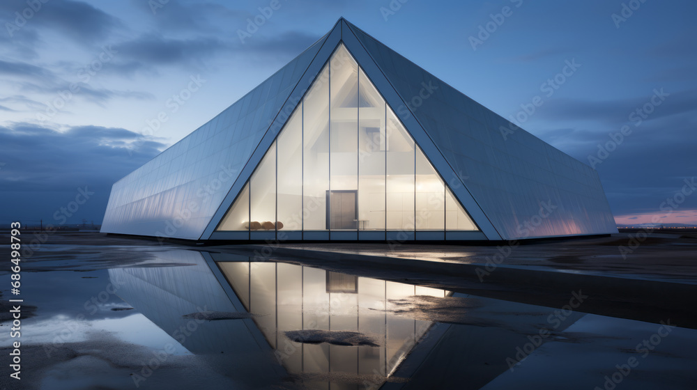 Fototapeta premium Modern architecture with reflective glass and water feature at dusk. Cubism influence. Generative AI