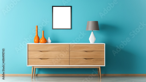 Wallpaper Mural Modern home interior, blue wall and wooden details. Creative empty mockup poster. Generative AI Torontodigital.ca