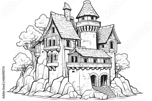 A coloring book page of a fairy tale castle