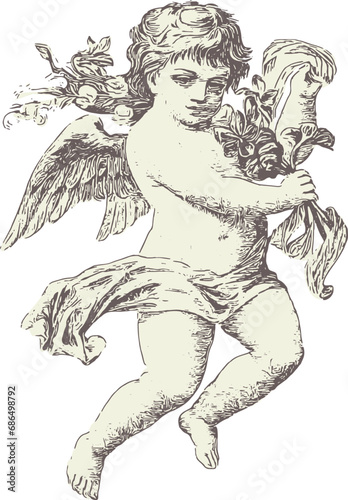 Cute angel. Cupid is the god of love. Engraving style.