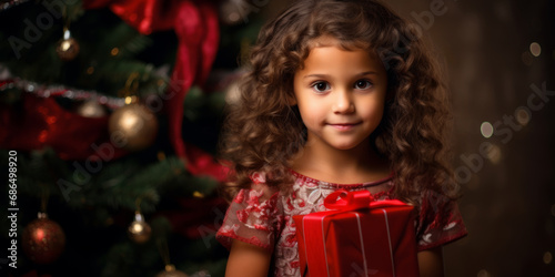 Young girl holding red gift box near Christmas tree with festive decorations. Holiday cheer concept. Generative AI