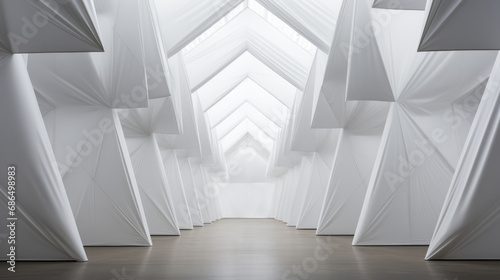 Innovative gallery space with angular white fabric sculptures and a bright skylight. Creative architecture concept. Generative AI
