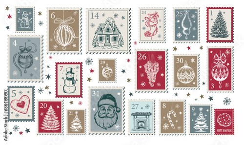 Advent calendar, Christmas Stamps, mail, postcard hand drawn illustrations.