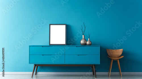 Chic interior with teal sideboard against a vibrant blue wall. Home styling and modern design concept. Generative AI