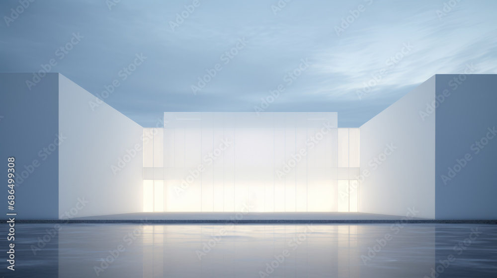 Modern white architecture with glowing interior against twilight sky. Contemporary design concept Generative AI Modern white architecture with glowing interior against twilight sky. Contemporary design concept Generative AI