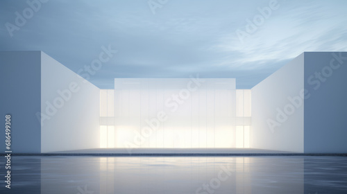 Modern white architecture with glowing interior against twilight sky. Contemporary design concept Generative AI