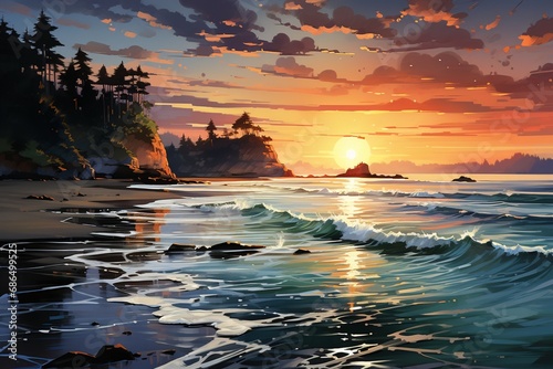 A dreamlike coastal masterpiece captures the tranquil embrace of an ocean sunset