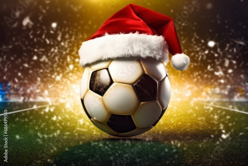 Close up of soccer ball with santa hat in sports stadium. A sanny day at the football stadium.