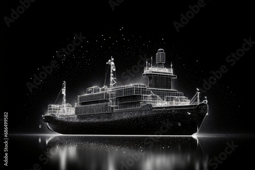 A black and white hologram scan of a futuristic ship © Tarun