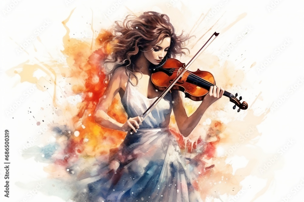 Watercolor illustration of a girl playing violin