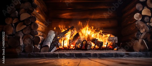 Fire in the fireplace ignites our senses bringing enticing scents radiant sights crackling sounds and comforting warmth photo