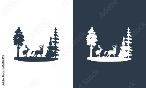 Horizontal banner. Silhouette of deer, doe, fawn standing on meadow in forrest. Silhouette of animal, trees, grass. Magical misty landscape, fog. Blue and gray illustration. Bookmark. photo
