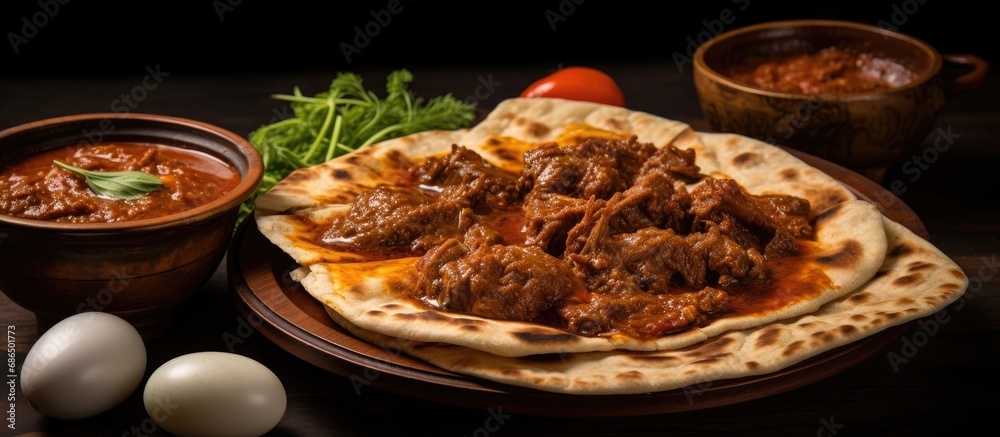 Indian food consisting of beef curry and layered flatbread made from maida or whole wheat flour, served with spicy Asian chicken beef egg curry gravy.