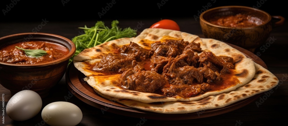 Indian food consisting of beef curry and layered flatbread made from maida or whole wheat flour, served with spicy Asian chicken beef egg curry gravy. Indian food consisting of beef curry and layered flatbread made from maida or whole wheat flour, served with spicy Asian chicken beef egg curry gravy.