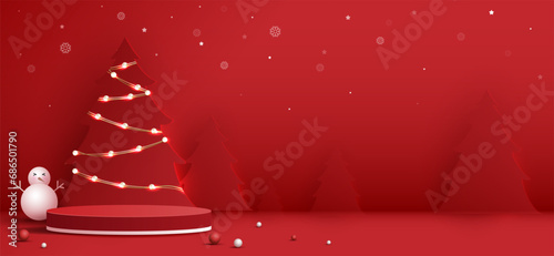 Podium shape for show cosmetic product display for christmas day or new years. Stand product showcase on red background with tree christmas. vector design.