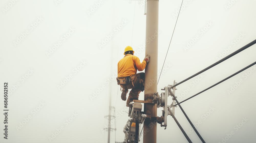 Man working on an electrical pole Man working on an electrical pole