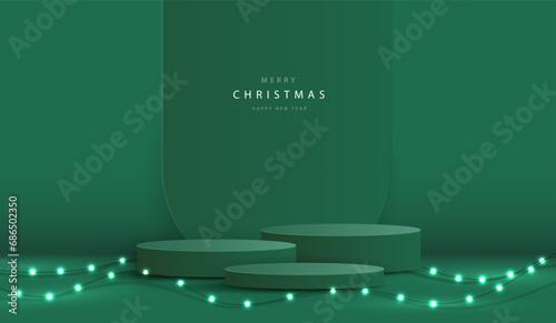 Podium shape for show cosmetic product display for christmas day or new years. Stand product showcase on red background with lighting christmas. vector design.