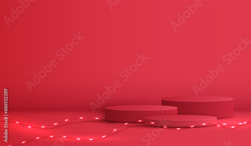 Podium shape for show cosmetic product display for christmas day or new years. Stand product showcase on red background with lighting christmas. vector design.
