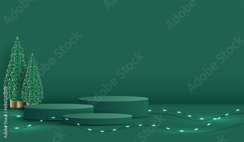 Podium shape for show cosmetic product display for christmas day or new years. stand product showcase on green background with tree, ball and light christmas. vector design.